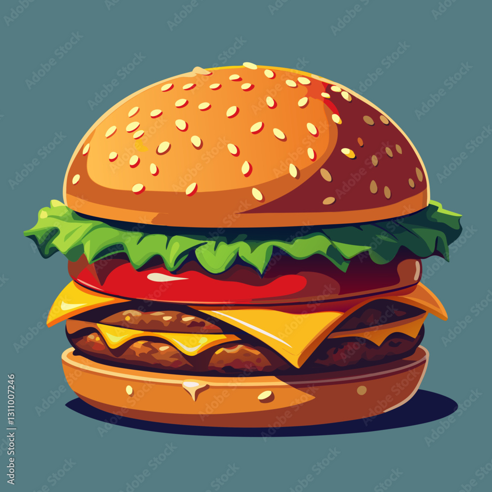 Vector cheeseburger with lettuce crisp green lettuce, juicy red tomato slices, melted yellow cheese, and a thick beef patty with grill marks (1 Vector cheeseburger with lettuce crisp green lettuce, juicy red tomato slices, melted yellow cheese, and a thick beef patty with grill marks (1