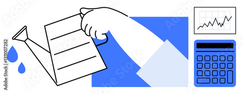 Hand with watering can in the shape of a document, releasing drops, next to a calculator and growth chart. Ideal for investment, data analysis, finance, growth, planning savings strategy. Flat