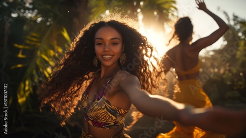 Natural and elegant female models run or dance in the sunset