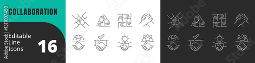 Collaboration Line Editable Icons set. Vector illustration in modern line style of business related icons: teamwork, handshake, agreement, cooperation, working, together, Pictograms and infographics