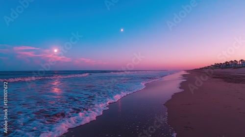 Obraz na płótnie Serene sunset over ocean beach, pink sky, waves, sand. w salonie