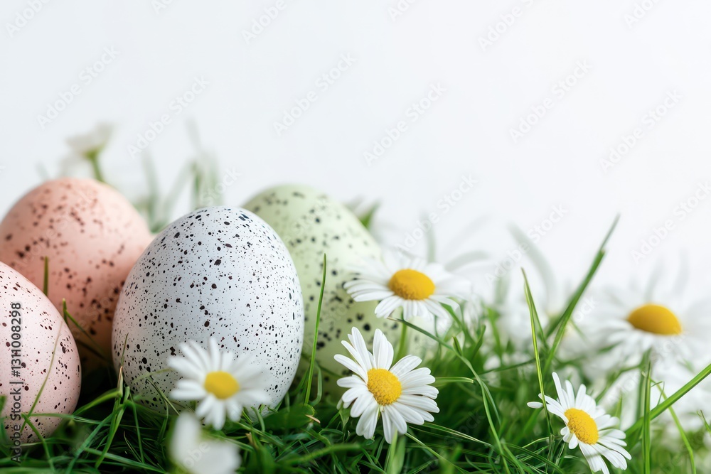 A balanced and aesthetic Easter arrangement, soft-hued eggs nestled in fresh green grass with white daisies, crisp white background A balanced and aesthetic Easter arrangement, soft-hued eggs nestled in fresh green grass with white daisies, crisp white background