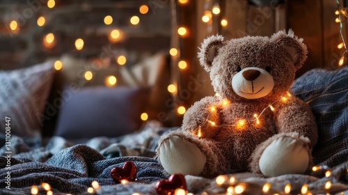 Wallpaper Mural Cozy Teddy Bear Surrounded by Glowing Fairy Lights Creating a Warm Atmosphere in a Bedroom Setup Torontodigital.ca