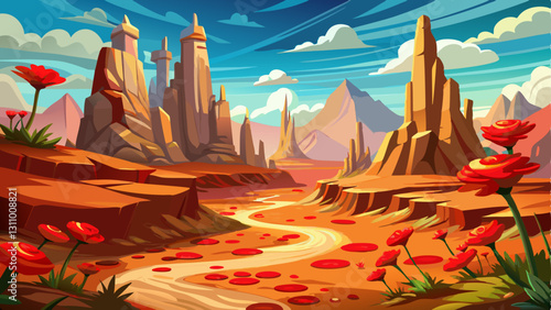 vast rocky desert with towering hoodoos, a winding trail leading to a hidden temple, and patches of blooming red desert poppies.