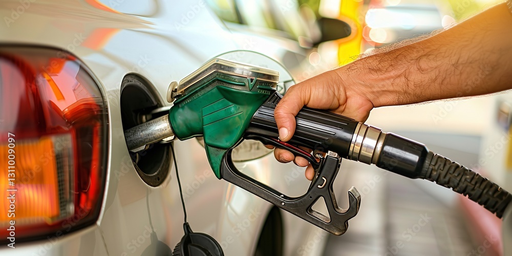 Close-up of a black gas pump nozzle at a gas station filling up a white automobile with lettering in a fuzzy background, Generative AI. Close-up of a black gas pump nozzle at a gas station filling up a white automobile with lettering in a fuzzy background, Generative AI.