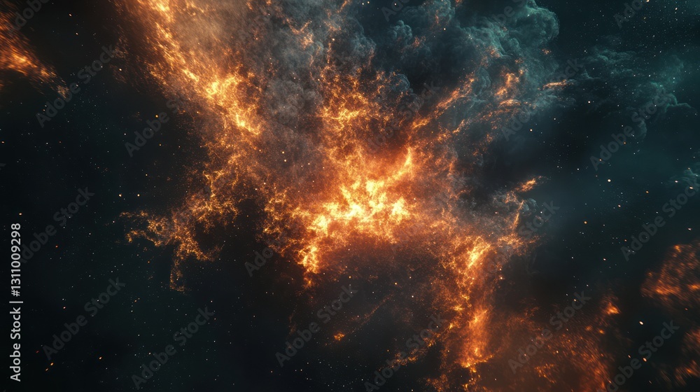 Cosmic Nebula Fiery clouds collide in space, star dust background Cosmic Nebula Fiery clouds collide in space, star dust background