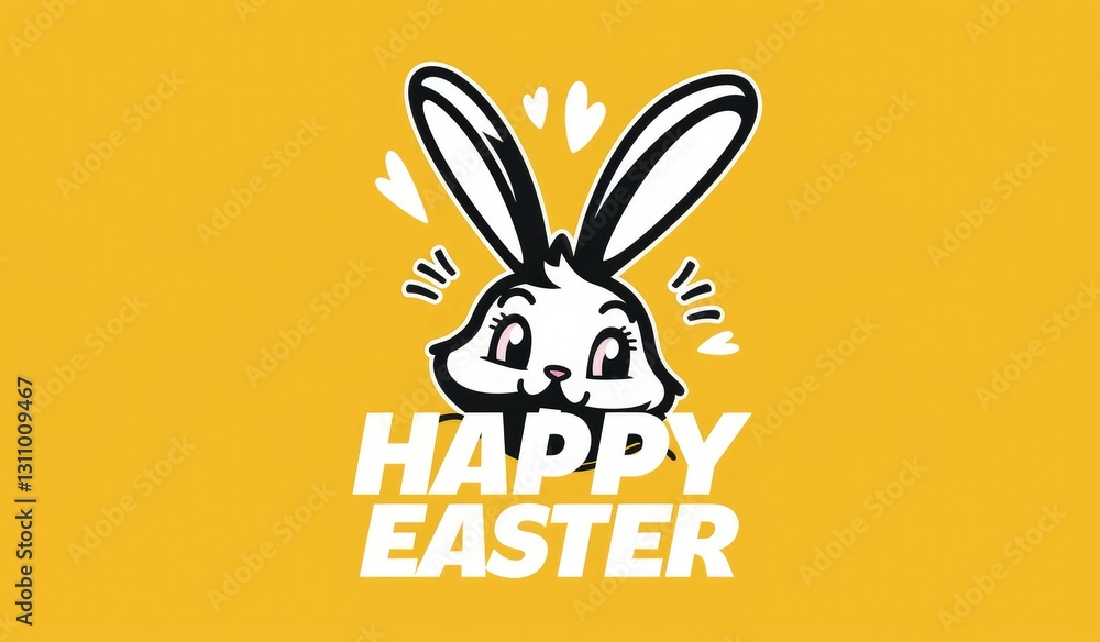 Cute cartoon bunny with lettering Happy Easter on yellow background, flat lay banner design for Easter celebration Cute cartoon bunny with lettering Happy Easter on yellow background, flat lay banner design for Easter celebration
