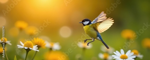 Yellow tit in flight, wings spread, daisies, sunset, close-up, summer