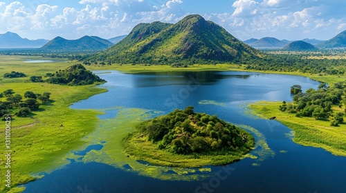 African Lake Panorama with Island photo