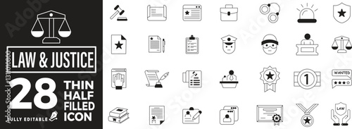 Law & Justice Icon Set in Line Style. A collection of legal and security linear icons, including court, lawyer, gavel, police, and more.