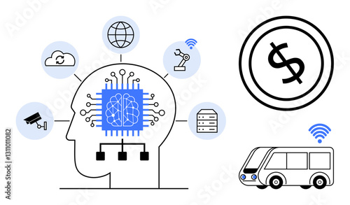 Human brain with AI processor linking cloud, automation, surveillance, finance, and smart transport. Ideal for technology, AI, machine learning, innovation digital transformation automation