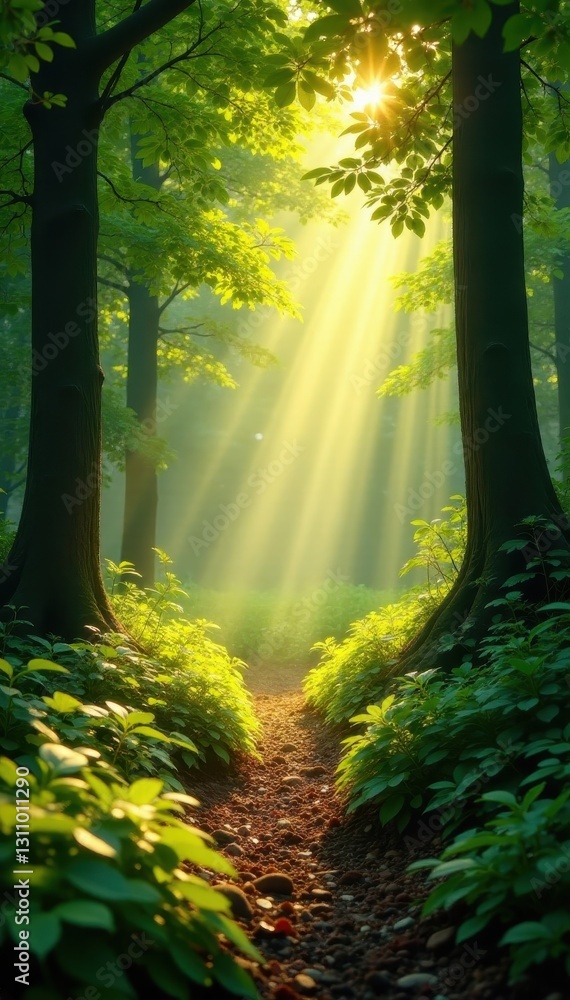 Obraz premium Golden sunbeams dappling lush green forest floor, natural, greenery