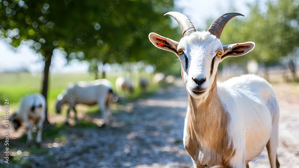 Fototapeta premium A close-up of a goat with distinctive markings, surrounded by other goats in a rural, green setting with trees. Concept Close-up Goat Portrait, Distinctive Markings, Rural Setting, Green Background