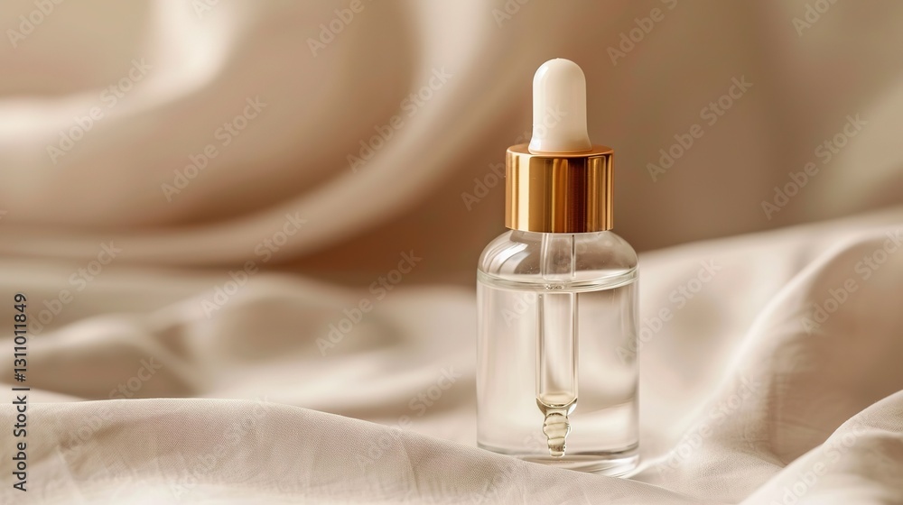 Naklejka premium Small elegant glass bottle with dropper containing clear liquid on neutral fabric, minimalist design with label-free simplicity, conveying calm and safety, ample copy space for text or design.