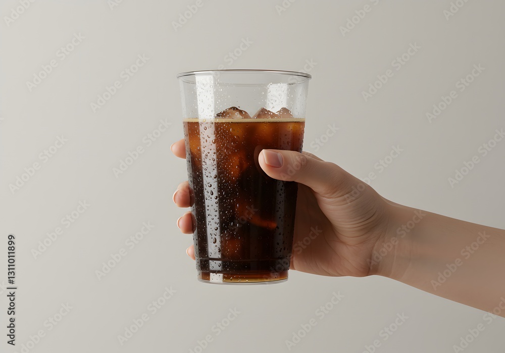 Cold Americano in a Plastic Takeaway Cup Held by Hand on a Neutral Background with Copy Space Cold Americano in a Plastic Takeaway Cup Held by Hand on a Neutral Background with Copy Space