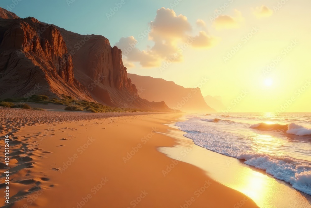 Golden hour light bathes towering sand dunes, ocean waves gently lapping shore , pattern, peaceful, pink Golden hour light bathes towering sand dunes, ocean waves gently lapping shore , pattern, peaceful, pink