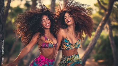 Natural and elegant female models run or dance in the sunset