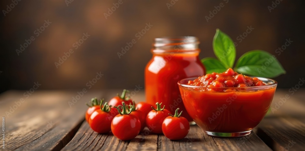 Rich tomato sauce in jar and glass bowl, rustic brown background, rustic, sweet, gastronomy Rich tomato sauce in jar and glass bowl, rustic brown background, rustic, sweet, gastronomy
