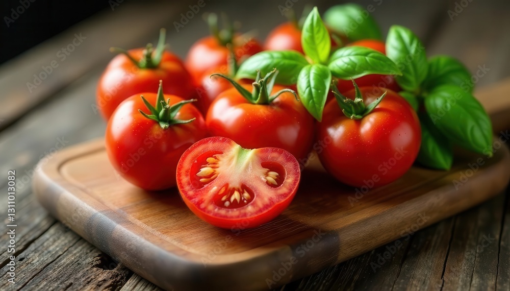 Ripe tomatoes and fragrant basil leaves arranged on wooden board , green, herbs, culinary Ripe tomatoes and fragrant basil leaves arranged on wooden board , green, herbs, culinary