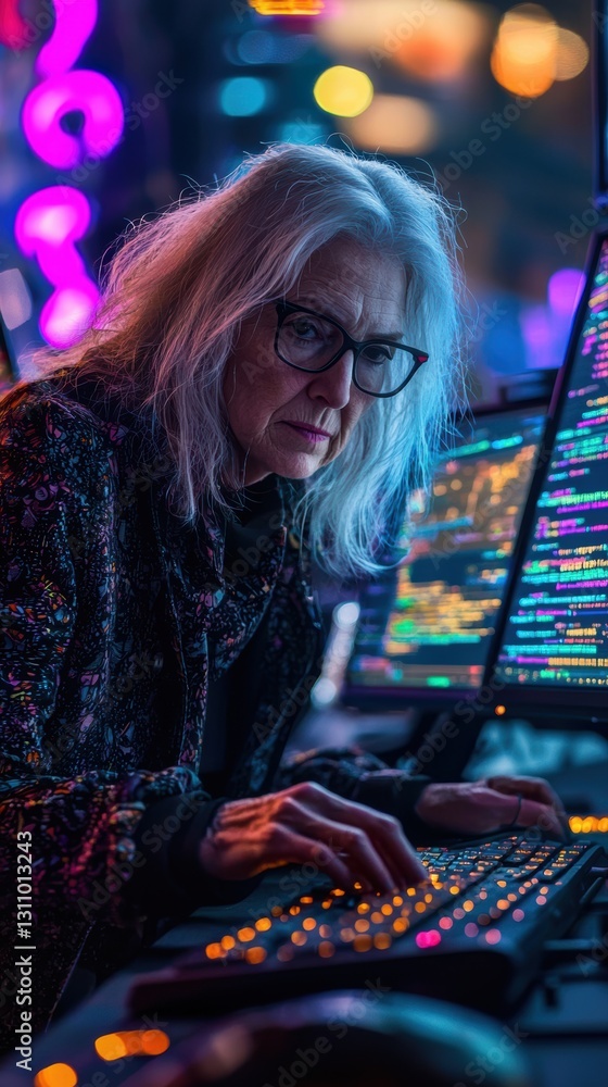 Obraz premium Focused innovator an elderly woman coding in a futuristic workspace