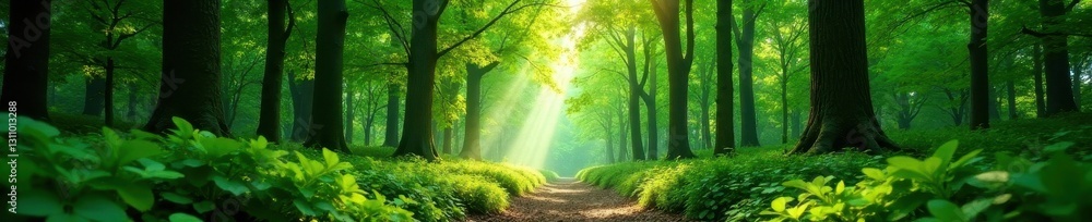 Obraz premium Vibrant green canopy, sunlight dappled forest floor, high angle, ecosystem