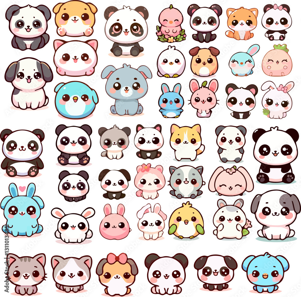 Fototapeta premium Cute kawaii animals vector set