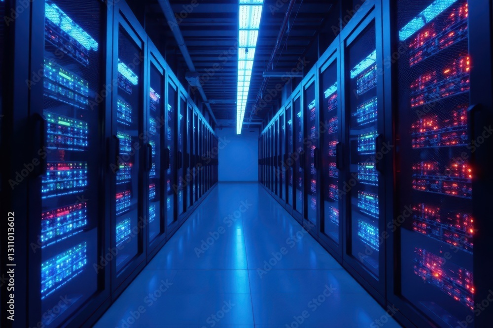 Chromatic blue illumination bathes futuristic data center equipment, glow, innovation, network Chromatic blue illumination bathes futuristic data center equipment, glow, innovation, network
