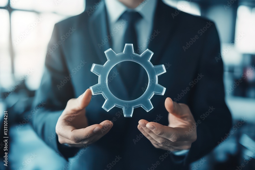A businessman in a suit holding a transparent, floating gear icon, symbolizing teamwork in a modern office. A businessman in a suit holding a transparent, floating gear icon, symbolizing teamwork in a modern office.