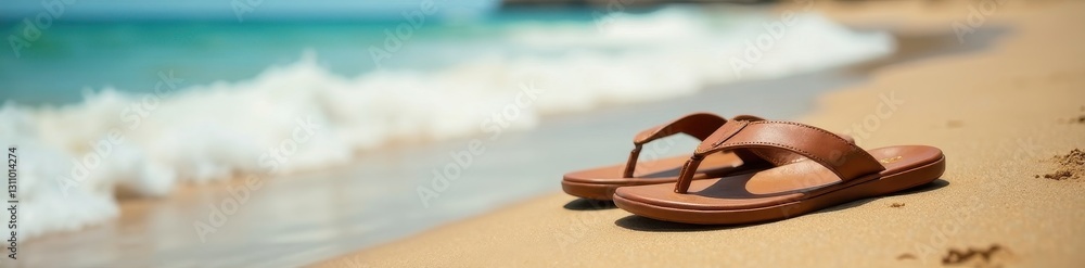 Naklejka premium Soft focus brown leather flip-flops near ocean waves on sandy beach , sandals, fashion