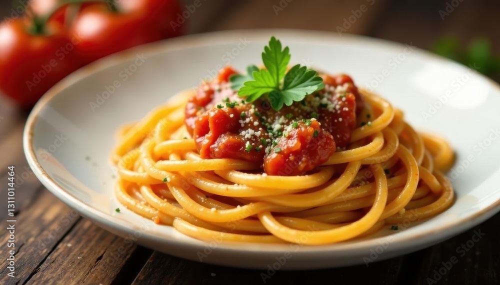Spaghetti pomodoro with oregano and parsley garnish , vegetarian, italian Spaghetti pomodoro with oregano and parsley garnish , vegetarian, italian