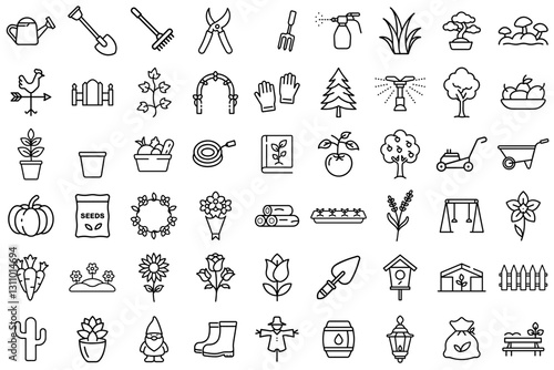 Collection of gardening icons, gardening concept, minimalist design, line art style, monochrome
