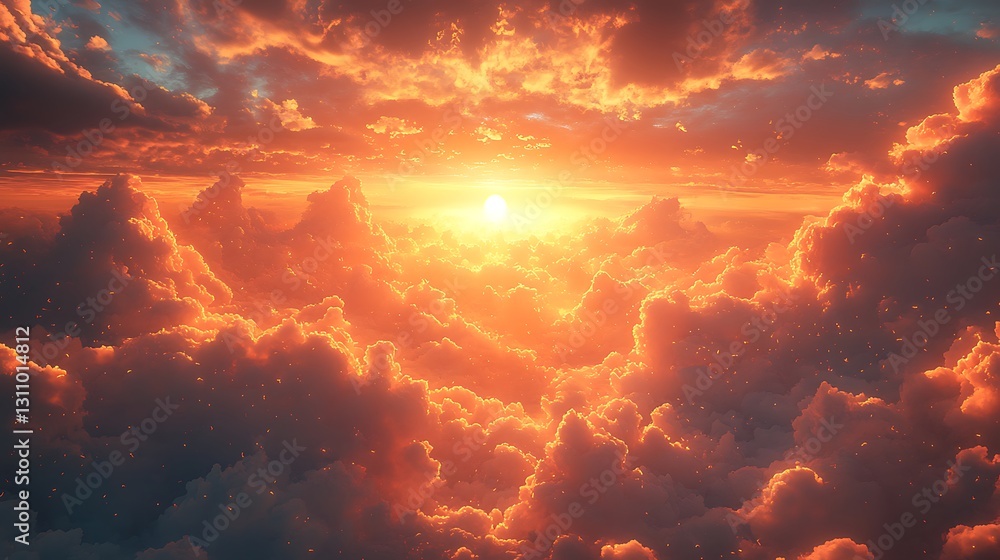 Naklejka premium Animals moving across a magical sunset cloudscape where soft light and ethereal colors create a fantasy world