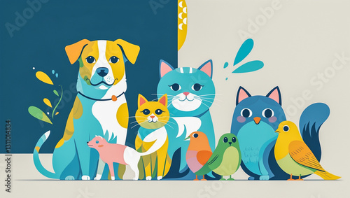Colorful Cartoon Pets Illustration with Blank Space
