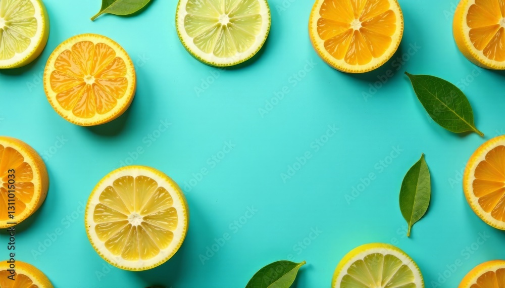 Obraz premium Citrus fruit pattern with orange, lime, and lemon slices on a vibrant blue background, summer snacks, seamless banner
