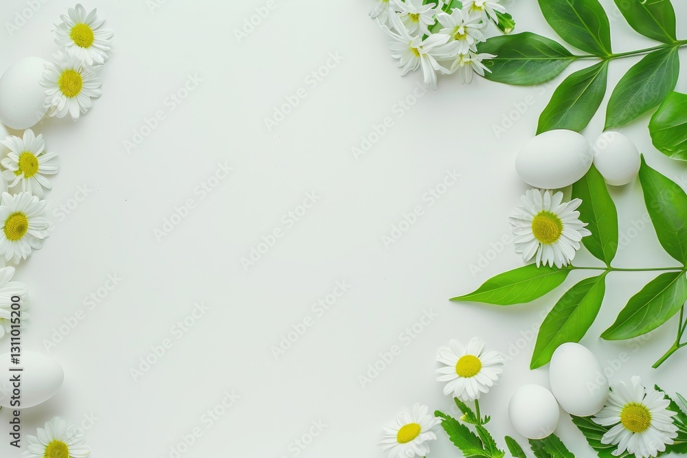 Fototapeta premium Elegant Easter composition with white flowers and eggs arranged on the right side, featuring a minimalist flat lay design with empty space for text, set against a pure white background in a high-resol