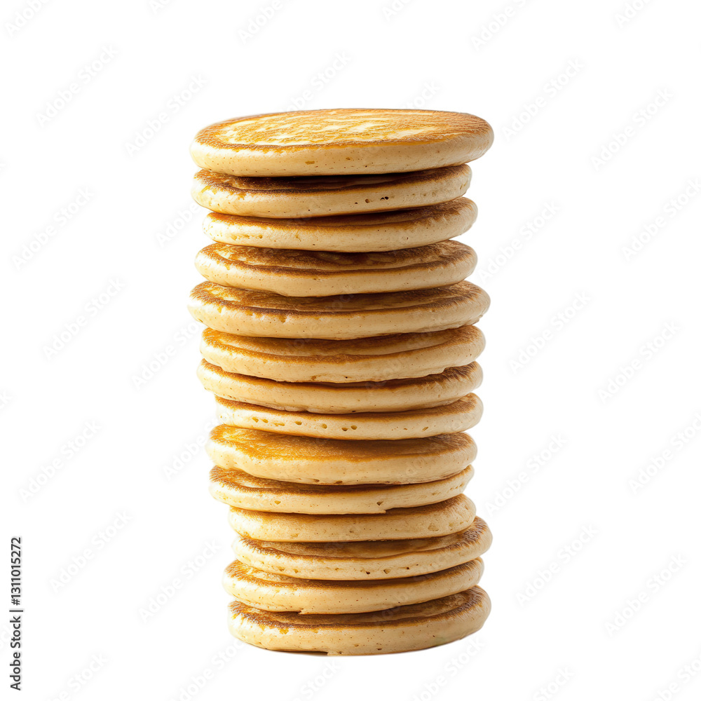 Stack of delicious pancakes isolated on white background, breakfast food, fluffy pancakes, sweet syrup topping, brunch treat, appetizing dessert image. Stack of delicious pancakes isolated on white background, breakfast food, fluffy pancakes, sweet syrup topping, brunch treat, appetizing dessert image.