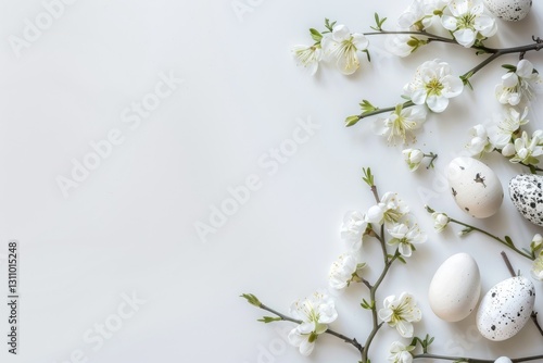Easter Themed Background with White Flowers and Eggs on Pure White Background, Minimalist Style with Ample Space for Text