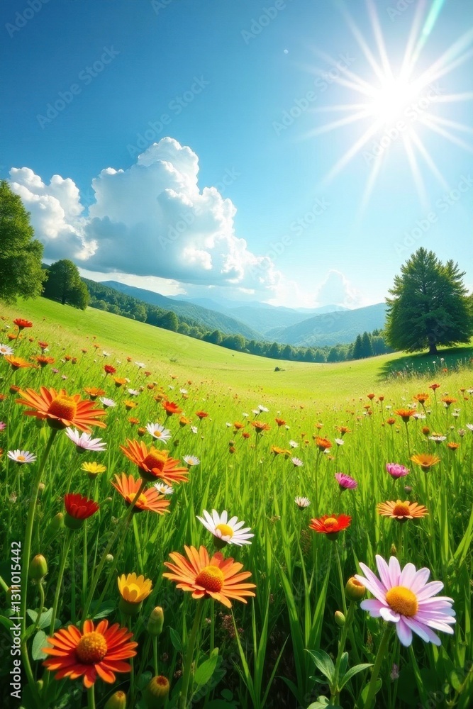 Fototapeta premium Sun-drenched meadow, wildflowers dance in breeze, natural beauty, swaying, bright