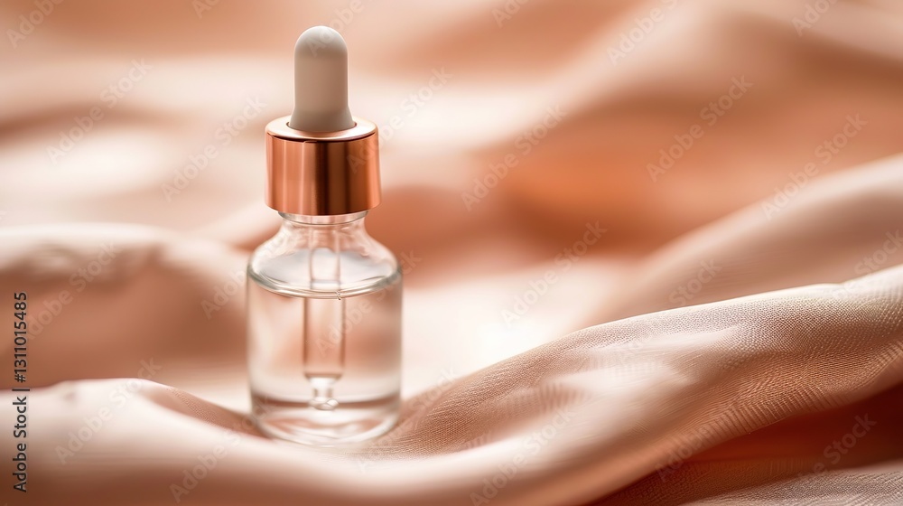 Naklejka premium Small elegant glass bottle with dropper containing clear liquid on neutral fabric, minimalist design with label-free simplicity, conveying calm and safety, ample copy space for text or design.