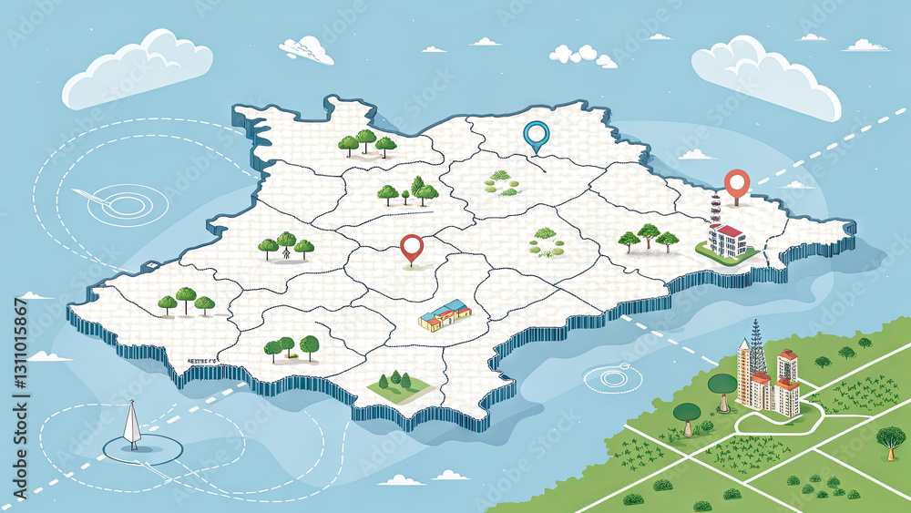 Fototapeta premium Illustrated Map with Landmarks and Geographic Features