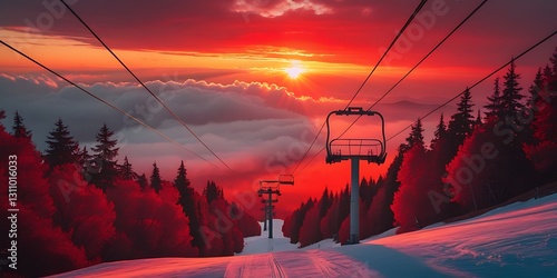 Breathtaking view from ski lift over snow-covered mountain slope with dramatic red forest and vibrant sunset sky, blending winter scenery and surreal natural colors in alpine setting


