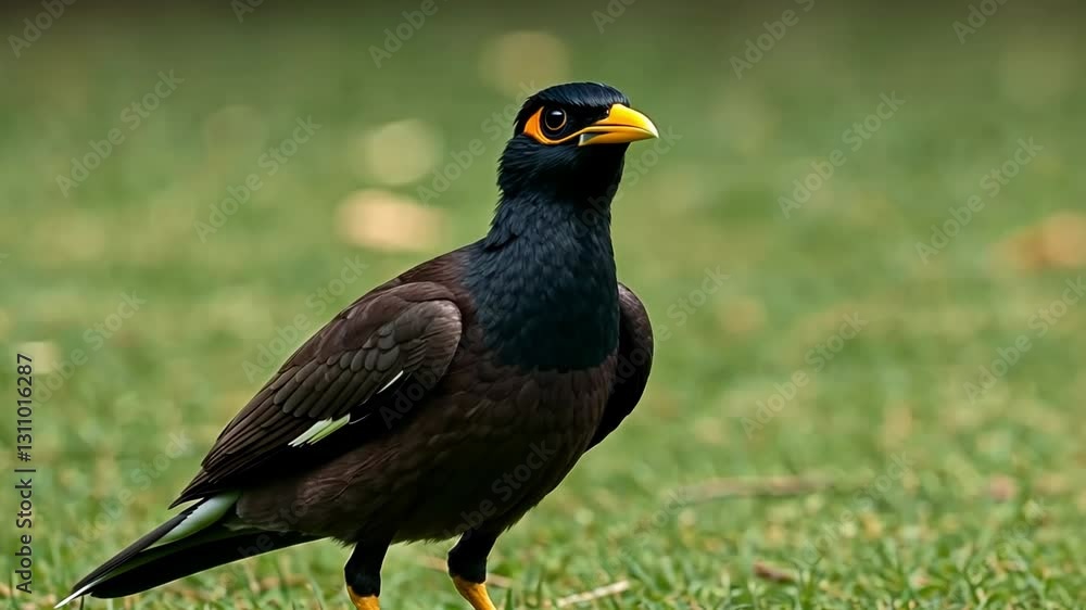 Close-up of an Indian myna bird standing alert on a green grassy field in its natural habitat Close-up of an Indian myna bird standing alert on a green grassy field in its natural habitat