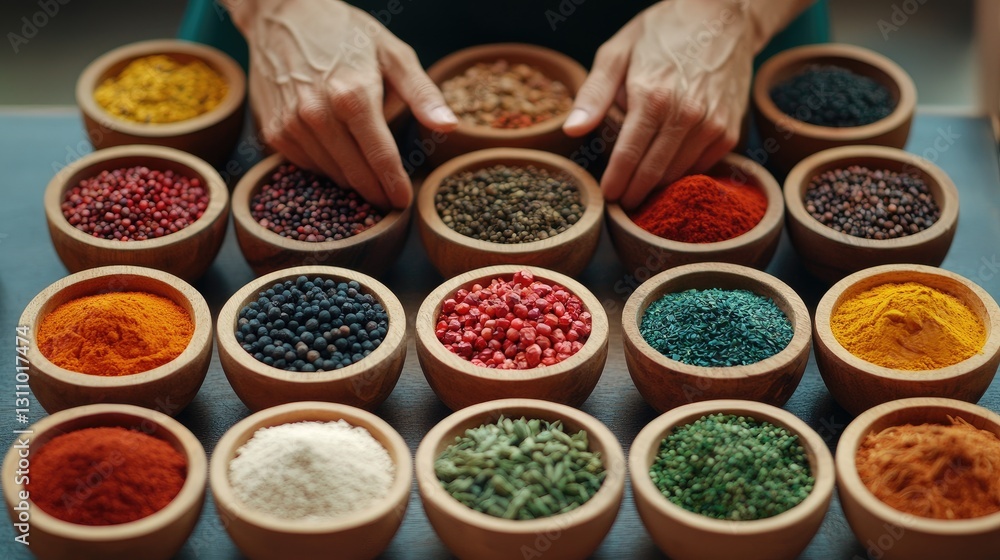 Various Colorful Spices in Wooden Bowls Arranged on a Table Various Colorful Spices in Wooden Bowls Arranged on a Table