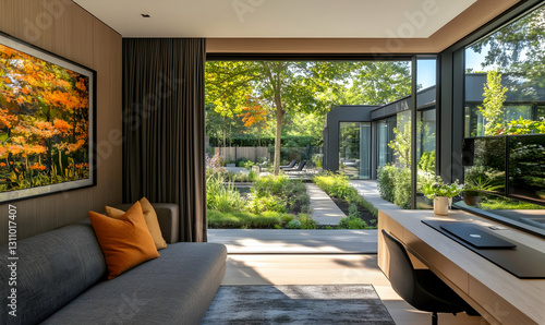 Modern home office with garden view