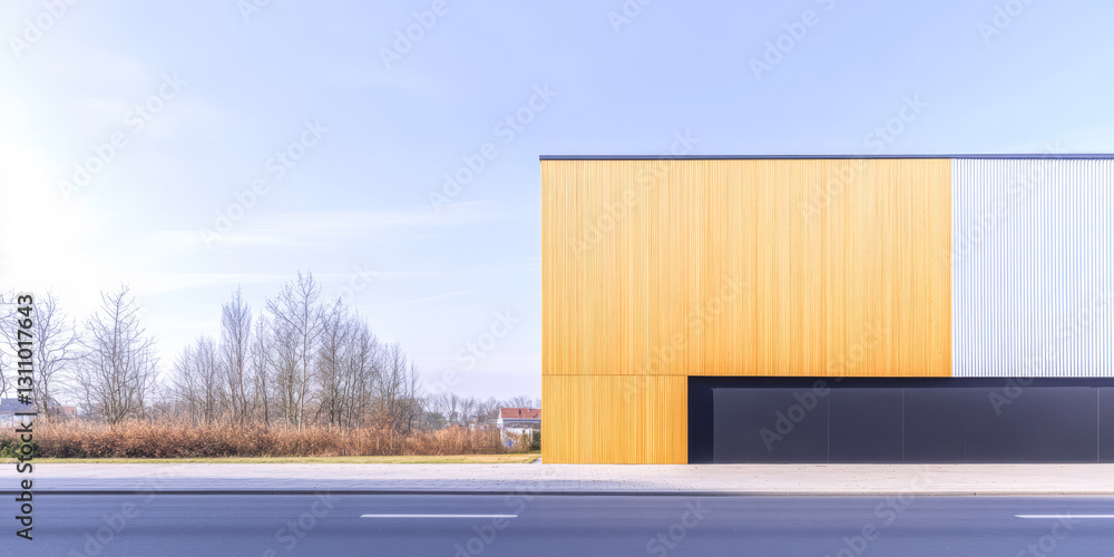 Modern building with wooden facade beside empty road during clear blue sky Modern building with wooden facade beside empty road during clear blue sky