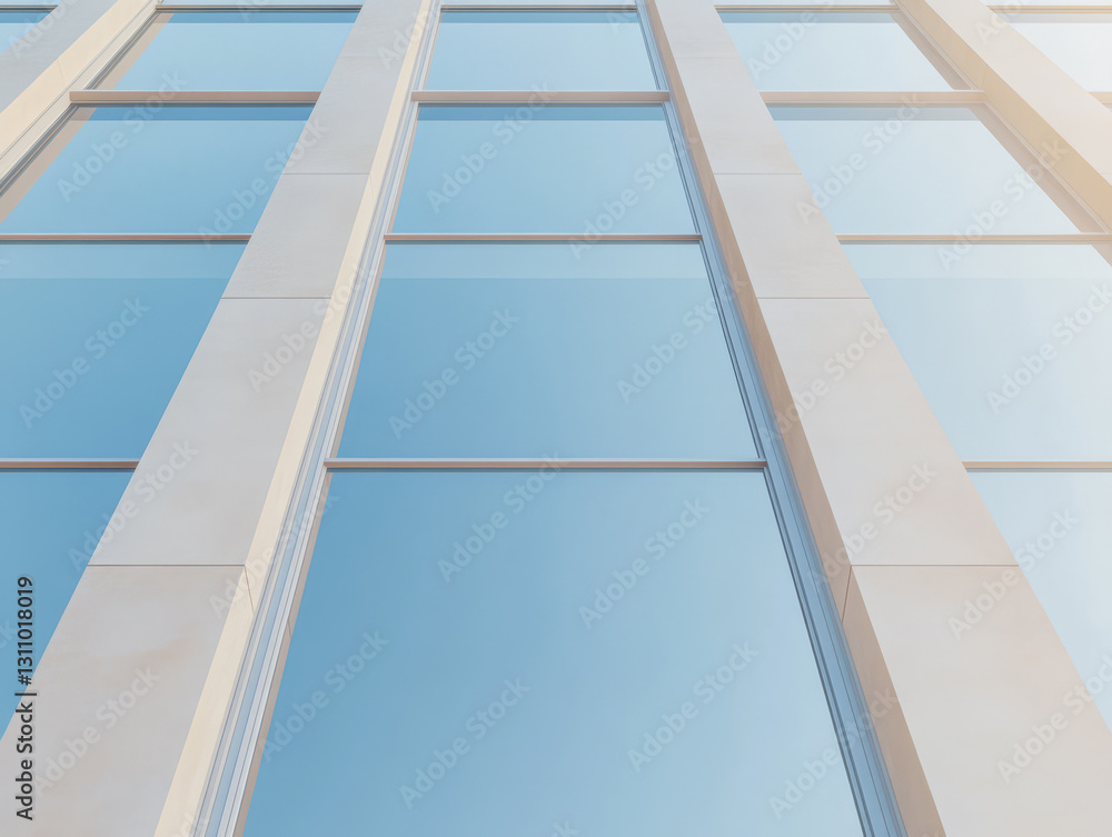 Modern architectural design featuring glass and stone facade reflecting sunlight Modern architectural design featuring glass and stone facade reflecting sunlight