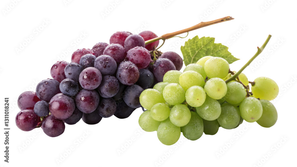 Fresh Red and Green Grapes with Leaves on White Background