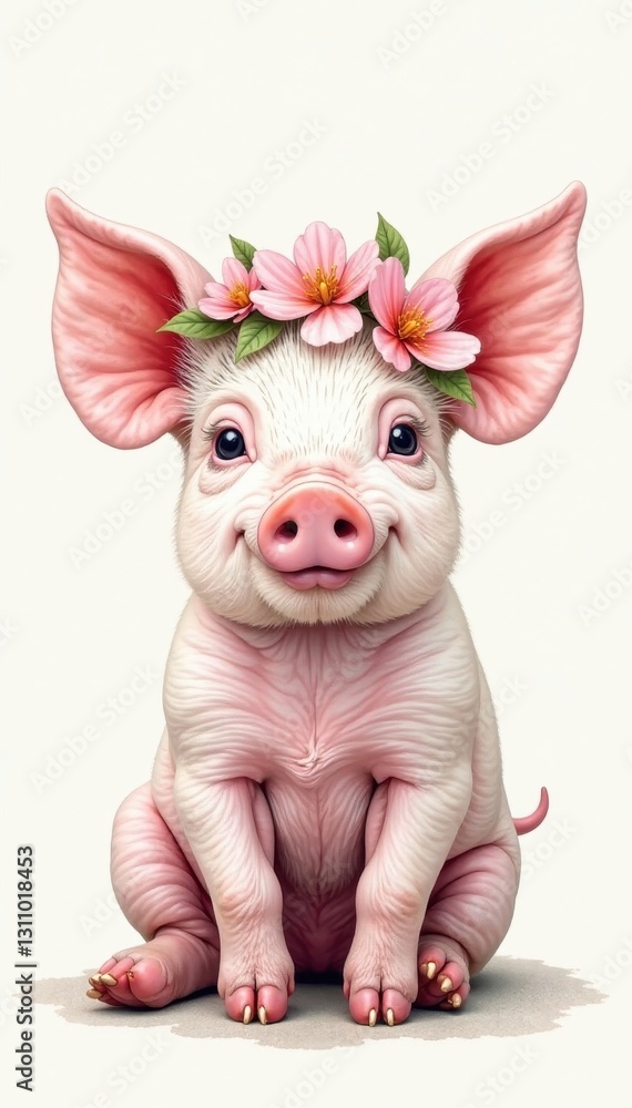 Naklejka premium Adorable piglet wearing delicate flower crown, watercolor style, pet, countryside, summer