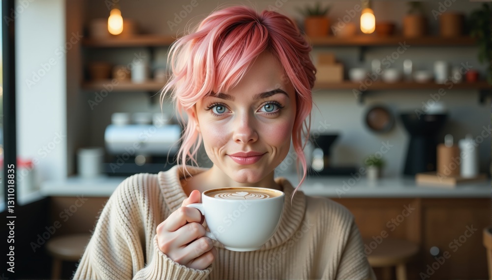 Radiant woman enjoys latte art in cozy café setting with modern decor Radiant woman enjoys latte art in cozy café setting with modern decor