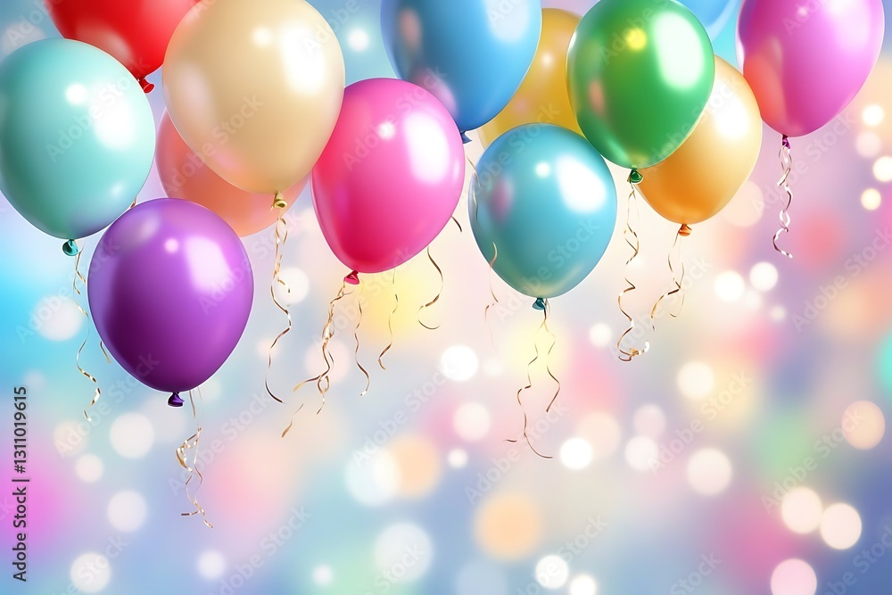 Colorful balloons with ribbons against a bokeh background. Colorful balloons with ribbons against a bokeh background.